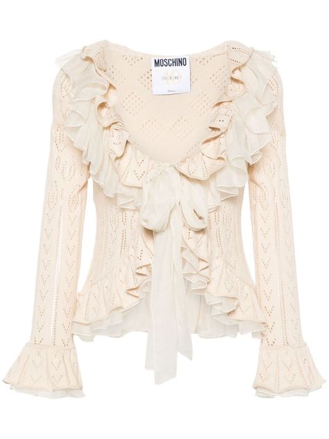 Moschino ruffle-trim pointelle-knit cardigan Mode Zara, Pointelle Knit, City Dress, Mode Inspo, Cotton Wool, Dream Clothes, Baby Knitting Patterns, Miss Me, Ruffle Trim