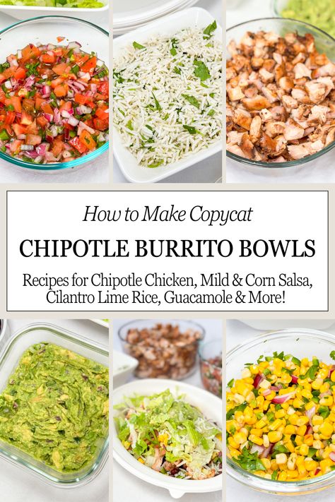 Tonight, stay in and build your own Chipotle Burrito Bowl with the copycat recipes you know and love. Fluffy rice, black beans, tender chicken, mild & corn salsa, and lots of guacamole. Chipotle Rice Bowl Copycat, Qdoba Chicken Bowl, Build Your Own Chipotle Bowl, Diy Chipotle Burrito, Chipotle Bowl Recipe Healthy, Healthy Chipotle Bowl At Home, Chipotle Quesadilla Copycat, Chipotle Steak Copycat Recipes, Steak Bowls Chipotle