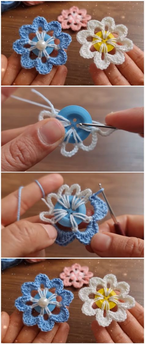 Crochet On Buttons Flower Patterns, Finished Crochet Projects, Crochet Button Earrings Free Pattern, Crochet Around A Button, Button Diy Ideas, Crochet Button Flowers Free Pattern, Sewing Projects With Buttons, Button Flowers Diy, Crocheting With Buttons