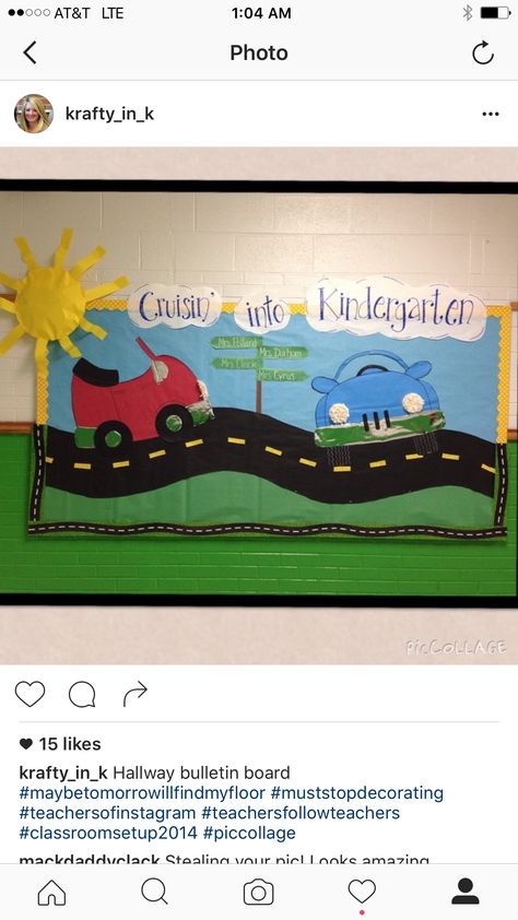 Cruising into Kindergarten bulletin board Cars Bulletin Board Ideas, Truck Bulletin Board Ideas, Race Car Bulletin Board Ideas, Car Bulletin Board, Kindergarten Bulletin Board, Construction Theme Classroom, Disney Cars Theme, Kids Programs, Bulletin Ideas