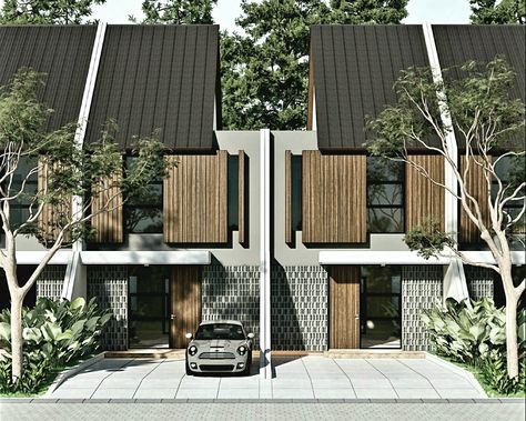 Small Cluster House Design, Subdivision House Design, Urban Tropical House, Modern Japanese Townhouse, Facade Tropical House, Small Modern Townhouse, Tropical Facade Design, Rural Modern House, Townhouse Facade Design