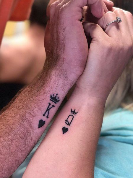 Husband And Wife Tattoos King Queen, King Of Hearts Tattoo, King And Queen Tattoo, Chess Piece Tattoo, Queen Tattoos, King Queen Tattoo, Queen Of Hearts Tattoo, Couple Tattoo Ideas, Him And Her Tattoos