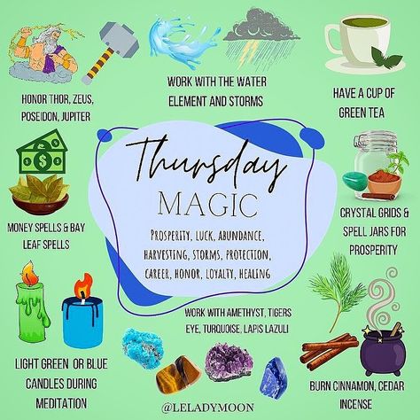 MtnWitch on Instagram: “THURSDAY MAGICK… Thursday is the Day of Jupiter and its energy is perfect for luck, prosperity and abundance. This day will give your money…” Thursday Magick, Witchcraft Spells, Wiccan Magic, Magic Day, Magick Spells, Wiccan Spell Book, Magick Book, Witchcraft Spell Books, Witch Spell Book