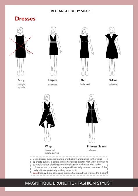 Body Shape Ultimate Guide - Part 2 = RECTANGLE SHAPE - Magnifique Brunette Clothing Style For Rectangle Body Shape, Rectangle Body Shape Outfits Black Women, Dress For Square Body Shape, Rectangle Body Shape Dresses, Square Shape Body Outfits, Outfit For Square Body Shape, Square Body Type Outfits, Body Shape Guide Rectangle, Rectangle Body Shape Outfits What To Wear