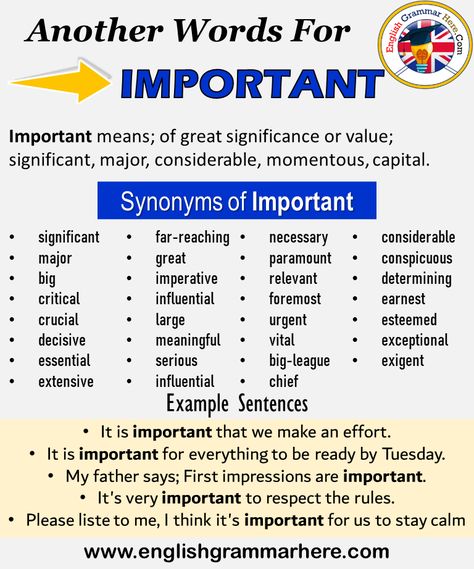 Another word for Important, What is another, synonym word for Important? Every language spoken around the world has its own characteristics. When learning a new language, it will be very useful to learn words for that language. In addition, in a language learning process, learning the words together with their synonyms will be even more useful when memorizing words. Learning a word with its synonyms increases our competence in that language. It helps us speak more fluently and clearly. +800 ... Very Important Synonyms, Synonyms For Important, Another Word For Very, Another Word For Because, Education Notes, Dual Enrollment, Ielts English, English Conversation Learning, English Meaning