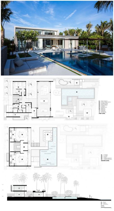 Architectural Floor Plans, Villa Plan, Architectural Design House Plans, Architect Design House, House Construction Plan, Architectural House Plans, Beautiful House Plans, Beach House Design, House Outside Design