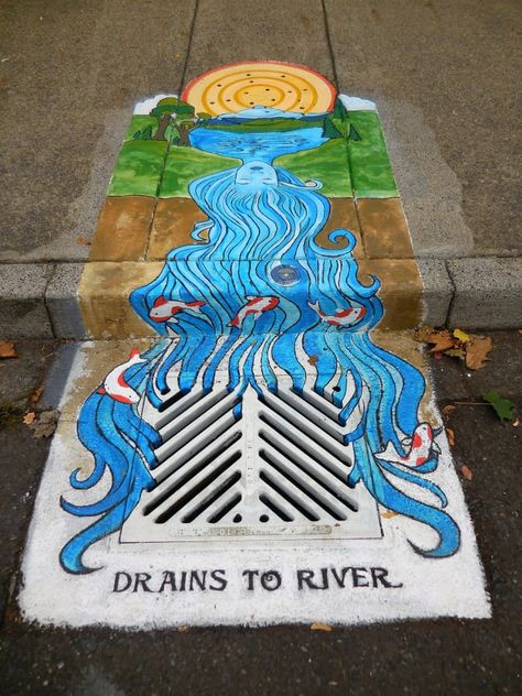 Storm Drain Art, Art Club Projects, Storm Drain, Ib Art, Good Things Happen, Sacramento River, Sidewalk Chalk Art, New York Graffiti, Manhole Cover