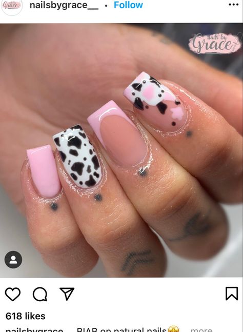 Pink Black And White Cow Print Nails, Nail Designs Cow Print Pink, Black French Tip Nails With Cow Print, Cow Print Nails With Initial, Rodeo Nails Westerns Pink, Short Cow Print Nails Acrylic, Brown And Pink Cow Print Nails, Bright Pink Cow Print Nails, White And Cow Print Nails