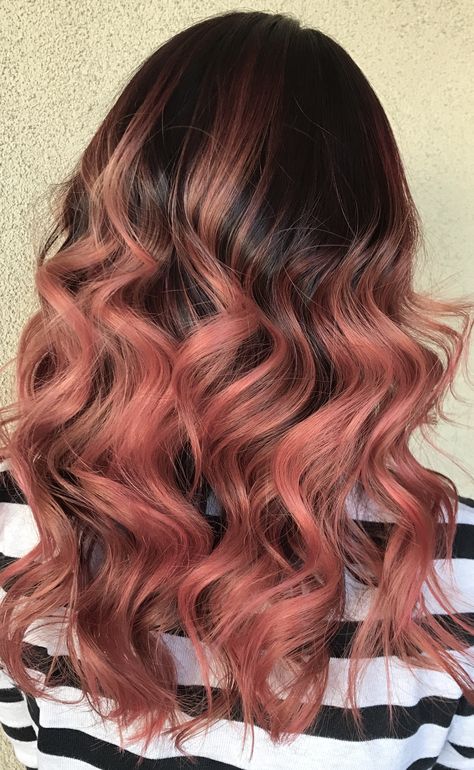 Coral balayage ombré by Genna Khein (www.GennaKhein.com) Coral Hair Balayage, Brown To Peach Ombre Hair, Brown And Coral Hair, Coral Hair Ombre, Coral Highlights Brown Hair, Coral Balayage, Peach Balayage, Coral Highlights, Coral Pink Hair