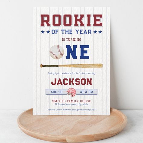 Rookie of the Year 1st Birthday Baseball Invitation Rookie Of The Year First Birthday Invite, Rookie Year First Birthday, 1st Birthday Baseball, 1st Birthday Invitations Boy, Baseball Birthday Invitations, Baseball Invitations, Sports Birthday Invitations, Bat Ball, Birthday Watercolor