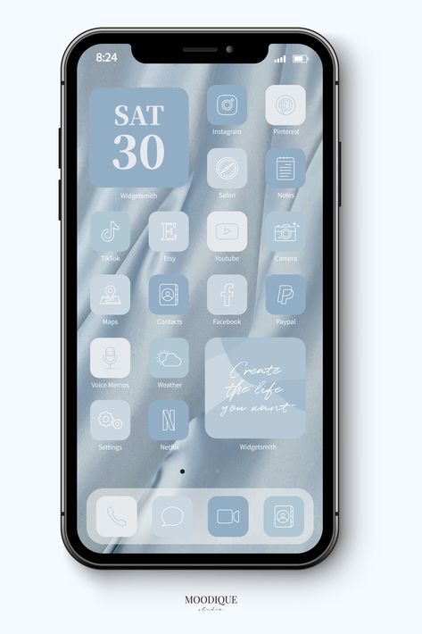 I Phone Theme, Iphone Widgets Ideas, Blue Ios, Iphone App Icons, App Icons Aesthetic, Iphone Widgets, Home Screen Design, Studio App, Phone Wallpaper Boho