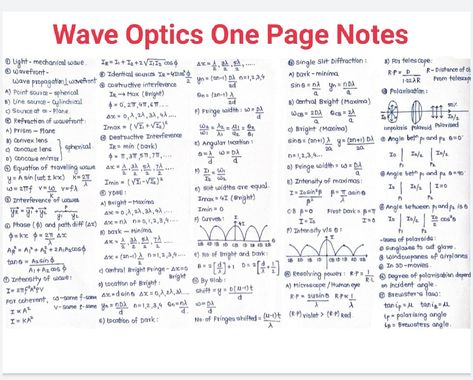 Wave Optics Short Notes, Thermodynamics Formulas, Wave Optics Formula Sheet, Wave Optics, Chemistry Formulas, Study Physics, Medical School Quotes, Chemistry Study Guide, Chemistry Basics