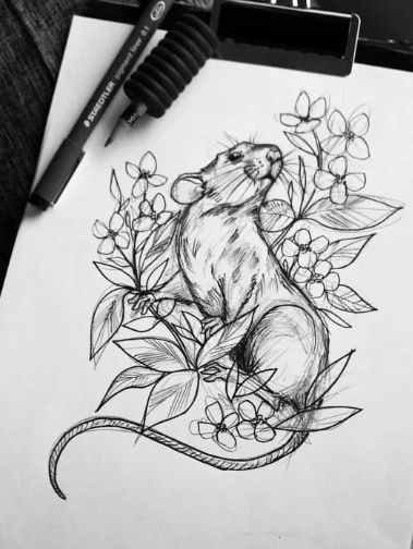 Kitty Tattoos, Rat Tattoo, Tier Tattoo, Mouse Tattoos, Tattoos Geometric, A Rat, White Drawing, Nature Tattoos, Tattoo Sleeve