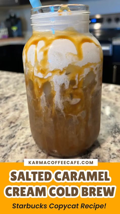 Salted Caramel Cream Cold Brew (Starbucks Copycat Recipe) Salted Caramel Creamer Recipe, Caramel Cold Brew Coffee Recipe, Caramel Creamer Recipe, Salted Caramel Coffee Recipe, Salted Caramel Cream Cold Brew, Caramel Cream Cold Brew, Salted Caramel Cold Brew, Caramel Coffee Recipe, Homemade Coffee Creamer Recipe