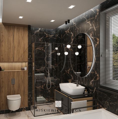 Black Marble And Wood Bathroom, Black Marble Shower Walls, Black Marble Tile Bathroom, Marble Shower Walls, Black Marble Bathroom, Black Marble Tile, Black And Gold Bathroom, Marble Tile Bathroom, Bathroom Ensuite