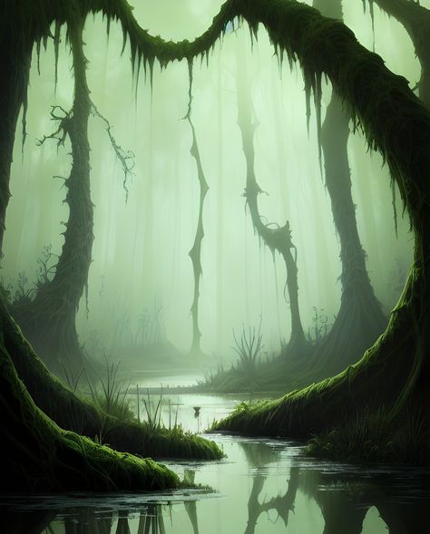 Swamp Scene Painting, Fantasy Swamp Art, Creepy Forest Art, Creepy Jungle, Jungle Aquascape, Dark Mystical Forest, Creepy Swamp, Swamp Illustration, Fantasy Swamp