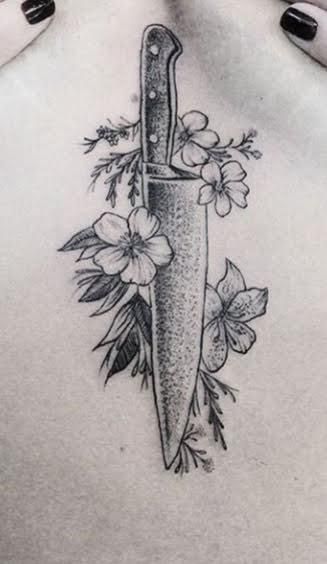 Chef Knife With Flowers Tattoo, Knife In The Back Tattoo, Knife And Flowers Tattoo, Damascus Knife Tattoo, Knife And Flower Tattoo, Hunting Knife Tattoo, Cooking Tattoo, Chef Tattoo, Abstract Tattoo Ideas