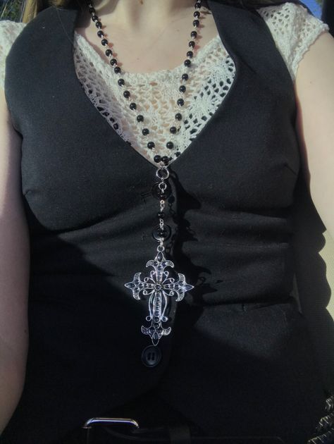 Depop: maverick_jo #rosary #vest #alt #mallgoth #goth Goth Rosary Necklace, Goth Accessories Aesthetic, Goth Necklace Aesthetic, Rosary Necklace Aesthetic, Rosary Aesthetic, Goth Rosary, Goth Necklaces, Homemade Necklaces, Rosary Style Necklace