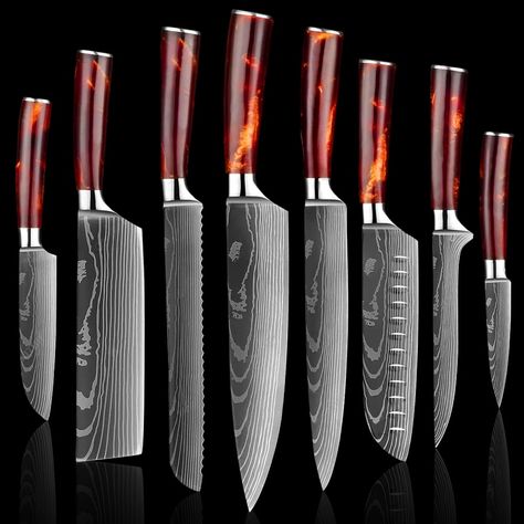 Japanese Kitchen Knife, Japanese Chef Knife, Knife Display, Chefs Knife, Pattern Japanese, Engraved Knife, Japanese Kitchen Knives, Pretty Knives, Kitchen Knife Set