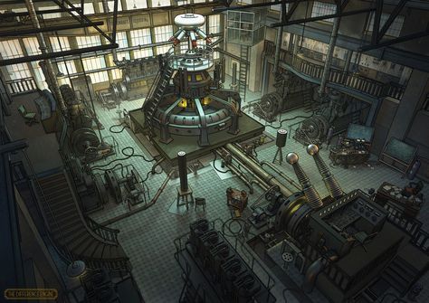 ArtStation - The Difference Engine - Tesla Lab Robot Factory Concept Art, Lab Design Interior, Technology Art Drawing, Cyberpunk Lab, Lab Concept Art, Factory Concept Art, Steampunk Lab, Scifi Lab, Difference Engine