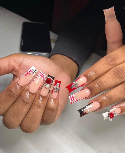 Red Nail Designs Short Square, Red Nail Sets, Red Nail Set, Nails With Red, Acrylic Nail Set, Red Acrylic Nails, Long Acrylic Nail Designs, Hard Nails, Colored Acrylic Nails