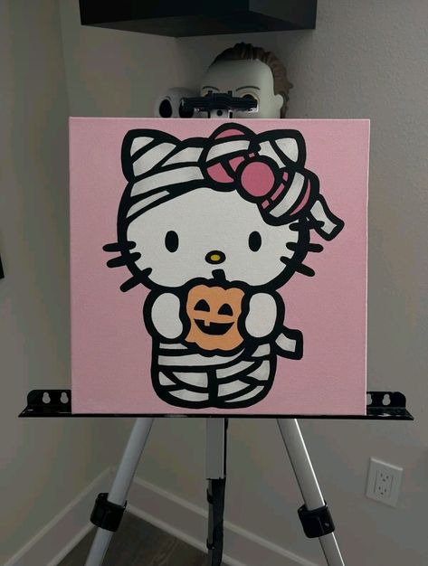 Painting Ideas Doodle, Things To Do On A Canvas, Diy Canvas Art Painting Ideas, Cute Hello Kitty Painting, Hello Kitty Halloween Painting, Hello Kitty Halloween Canvas Painting, Mini Canvas Art Halloween, Chicano Paintings, Canvas Painting Ideas Hello Kitty