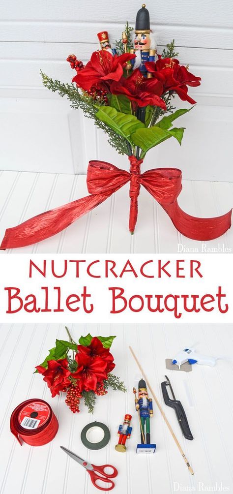 DIY Nutcracker Ballet Bouquet Tutorial - Create this themed flower arrangement to give to your ballerina after their next performance. It's perfect for the Nutcracker or other performances. #ballet #Nutcracker #flowers #bouquet #DIY Nutcracker Boutique Ideas, Unconventional Bouquets, Ballet Bouquet, Nutcracker Centerpieces, Nutcracker Wedding, Articulated Paper Dolls, Nutcracker Gifts, Nutcracker Ballet Christmas, Nutcracker Ideas