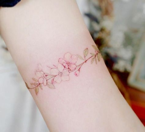 Cherry Blossoms Arm Band Cute Band Tattoo, Rose Band Tattoo, Cherry Blossom Band Tattoo, Arm Cuff Tattoo For Women, Cherry Blossom Tattoo Bracelet, Cherry Blossom Arm Band Tattoo, Cherry Blossom Wrap Around Tattoo, Armband Tattoo For Women, Sakura Wrist Tattoo