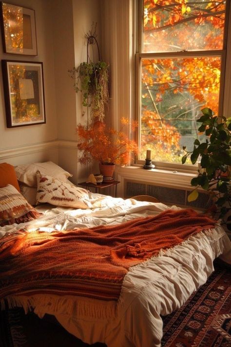 Cozy Room Fall, Cozy Fall Bedroom Ideas, Autumn Room Aesthetic, Autumn Bedroom Aesthetic, Autumn Room Decor, Fall Room Inspiration, Cozy Fall Room, Fall Room Aesthetic, Fall Room Ideas