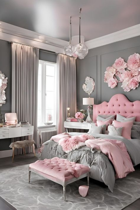 Pink And Gray Bedroom, Grey And Pink Bedroom, Pink Bedroom Inspirations, Winter Room, Glam Bedroom Decor, Small Bedroom Storage, Dream Bedroom Inspiration, Bedroom Pink, Pink Bedroom Decor