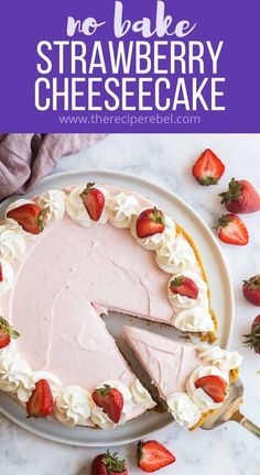 This no bake Strawberry Cheesecake is light, fluffy and loaded with fresh strawberry puree! Made with fresh or frozen strawberries and don't forget the whipped cream! #cheesecake #strawberry #dessert #recipes Whipped Cream Cheesecake, Aero Cheesecake, Creamiest Cheesecake, Zucchini Latkes, No Bake Strawberry Cheesecake, Cheesecake Strawberry, Strawberry Cheesecake Recipe, Cream Cheesecake, Homemade Snickers