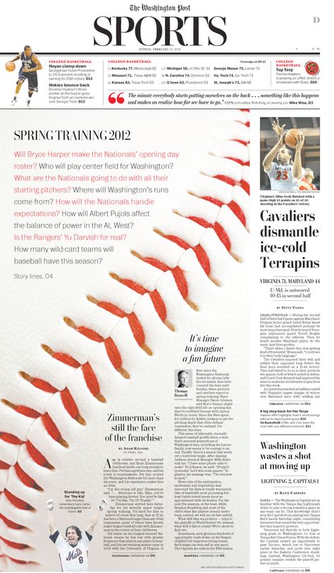 SND Best of Sports Design 2012: Enterprise/Feature Centerpiece -- "Spring Training" by the Washington Post's Chris Rukan. Love the zoomed in shot of the baseball seam as the main image; smoothly directs the eye/ the reader's attention to the main text. Basketball Newspaper, Sports Newspaper, Sports Page Layout Newspaper, Newspaper Feature Layout, Feature Page Layout Newspaper, Baseball Background, Newspaper Design Layout, Newspaper Layout, 잡지 레이아웃