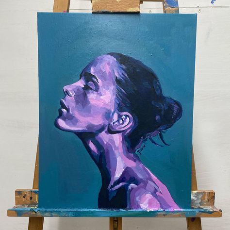 Acrylic painting of a woman, painted in blues pinks and purples against a teal background, on canvas Beautiful Acrylic Painting, Acrylic Portrait, Portrait Of Woman, Painting Of A Woman, A Woman, Acrylic Painting, Purple