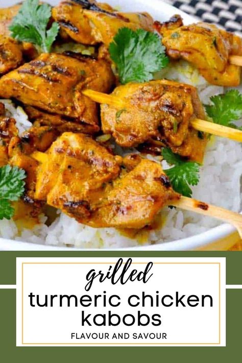 Turmeric Chicken Kabobs on skewers. Turmeric Chicken, Halloween Food Appetizers, Shish Kabobs, Healthy Recipes On A Budget, Chicken Kabobs, Turmeric Tea, Coconut Rice, Tea Recipe, Eating Recipes