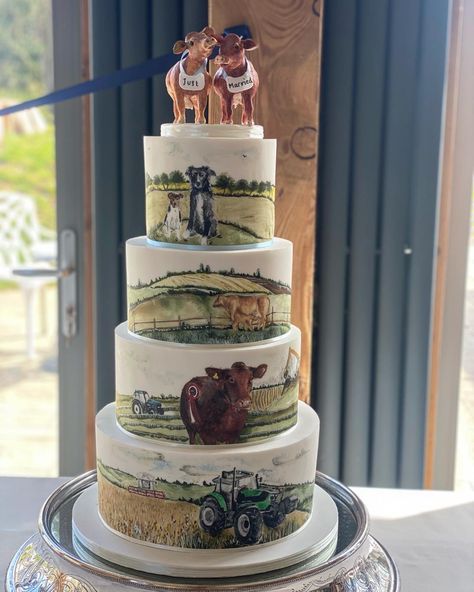 Wedding Cake Farmhouse, Farm Wedding Cake Ideas, Wedding Cake Fondant Simple, Farming Wedding, Wedding Cake Country, Farmers Wedding Ideas, Farmers Wedding, Ranch Wedding Cake, Tractor Grooms Cake