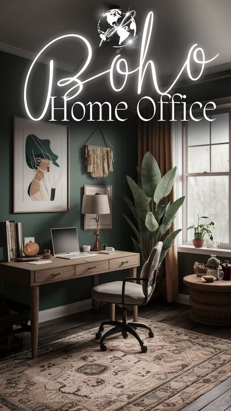 Curate the perfect boho home office with essential elements like cozy room decor, vintage, and victorian accents. Boho lamps and a boho wall add a touch of charm and creativity. This bohemian home office setup is ideal for a productive and stylish workspace. #bohohomeofficeessentials #bohostyleinteriordesign #chicbohemiandecor #vintage #boholamps #bohowall #bohochichomeoffice #homeoffice #cozyroomdecor #bohemianstyle Boho Corporate Office, Boho Office Space Workspaces Business, Boho Pc Setup, Bohemian Home Office Wallpaper, Cubicle Wallpaper Bohemian, Boho Office Room, Eclectic Office Decor, Creative Workspace Design, Small Home Office Furniture