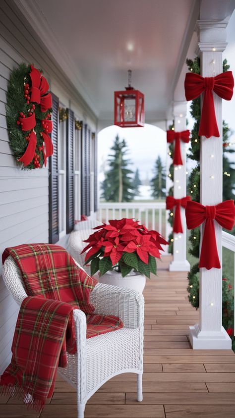 Wrap Around Porch Christmas Decor, Porch Columns Christmas Decor, Front Porch Railing Christmas Decor, Simple Front Porch Christmas Decor Ideas, Porch Garland, Christmas Porch Decor Ideas, Front Door Christmas Decorations, Christmas Fireplace Decor, Traditional Christmas Decorations