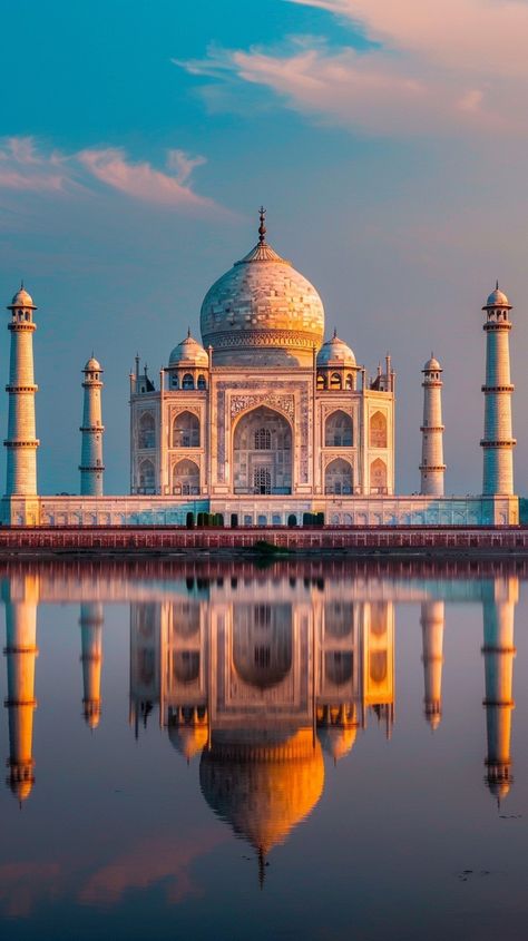 "Taj Mahal #Reflection: The #TajMahal stands majestically under a pastel sky, its image mirrored perfectly in tranquil waters. #Architecture #UNESCO #Heritage #AIArt #AIPhoto #StockCake ⬇️ #Download and 📝 #Prompt 👉 https://stockcake.com/i/taj-mahal-reflection_599414_837027" Taj Mahal Pics, Tajmahal Photography Taj Mahal, Taj Mahal Pictures, Taj Mahal Photo, Taj Mahal Image, Indian Floral Decor, Indian Places, 7 World Wonders, Tac Mahal