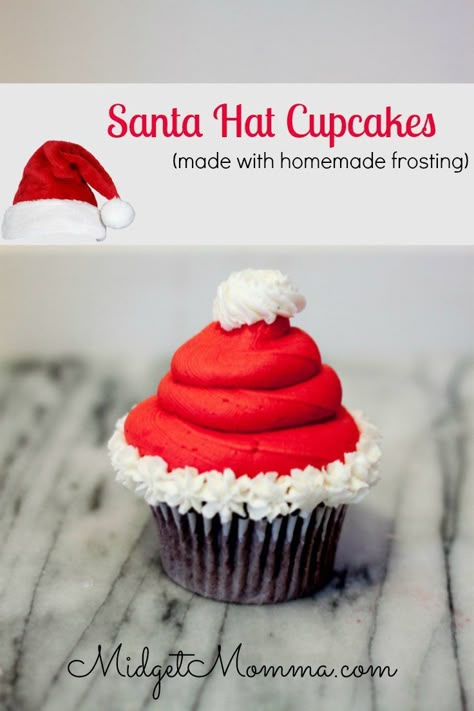 Santa Hat Cupcake. These Sanata hat cupcakses are easy to make, make with your… Cupcake Receptek, Cupcake Design Ideas, Jul Kaka, Hat Cupcakes, Christmas Party Treats, Homemade Icing, Holiday Cupcakes, Homemade Frosting, Cupcakes Decorados