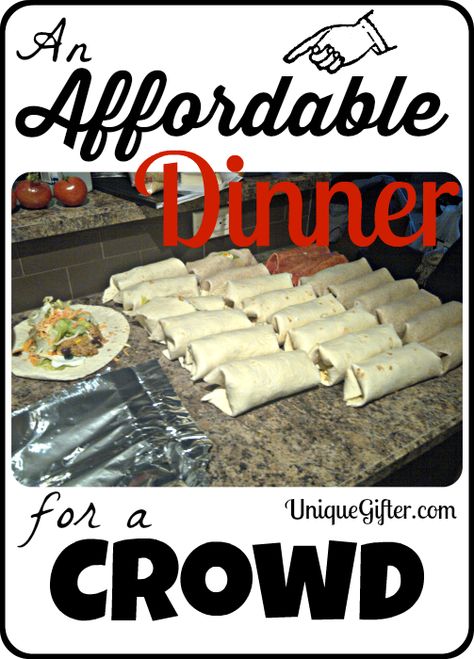 Making a meal of burritos, with some good fillers, is an affordable dinner for a crowd! Use this list to help you stay on budget. Dinner For A Crowd, Cooking For A Group, Large Group Meals, Budget Cooking, Potluck Dishes, Cooking For A Crowd, Cheap Dinners, Potluck Recipes, Cooking On A Budget