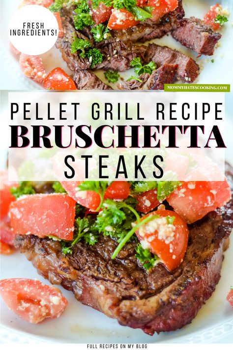 Steak Bruschetta, Steak Toppings, Mac And Cheese Creamy, Homemade Bruschetta, Steak Dinners, Parmesan Asparagus, Grilled Bruschetta, Grilled Foods, Best Beef Recipes