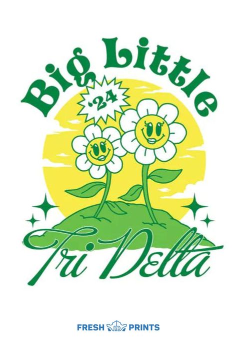 Customize cute trendy, and affordable merch for your organization with Fresh Prints! Tri Delta, tri delt, delta delta delta, tri delt big little, big little reveal, sorority big little, sorority big little merch, custom greek life apparel, uni life, college checklist, fdoc outfit, flower graphic, graphic, sorority graphic, sorority instagram, big little design, cartoon flower, sorority merch inspo, sorority merch, 70s graphic, vintage graphic design, classic graphic, colorful design, fresh print Sorority Instagram, Sunny Field, Sorority Family, Custom Merch, Sorority Sisterhood, College Checklist, Tri Delt, Delta Delta Delta, Big Little Shirts