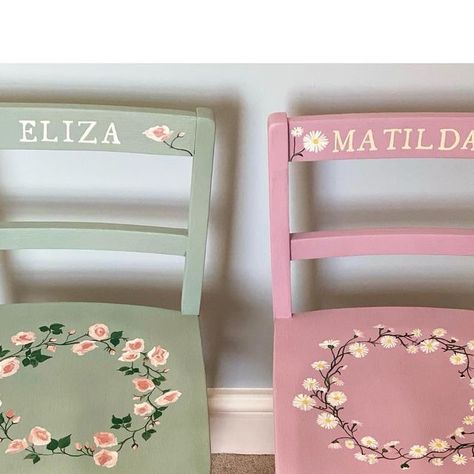 Kate MacLeod Designs on Instagram: "Sometimes the best things come in pairs, like these two hand painted vintage school chairs, for sisters Matilda and Eliza #twins #giftsfortwins #handpainted #childrensfurniture #nurserydecor #nurserydesign #nurserydecoration" Painted Vintage Chairs, Pairs Of Things, Door Painting Ideas Bedroom Vintage, Kids Room Theme Ideas, Hand Painted Home Decor, Hand Painted Shelves, Anthropologie Home Diy, Matilda Nursery, Kids Painted Furniture