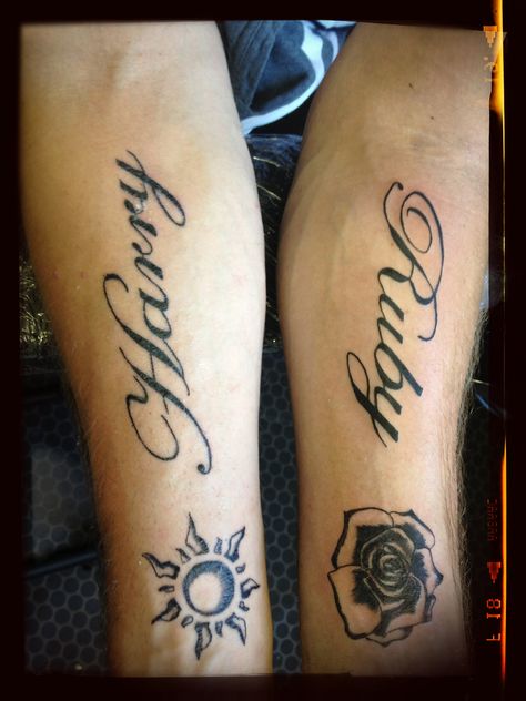 Son and daughters names. Ruby Tattoo, Cursive Tattoo, Cursive Tattoos, Tattoo Name, In Cursive, Name Tattoos, Tatting, Ruby, Tattoos