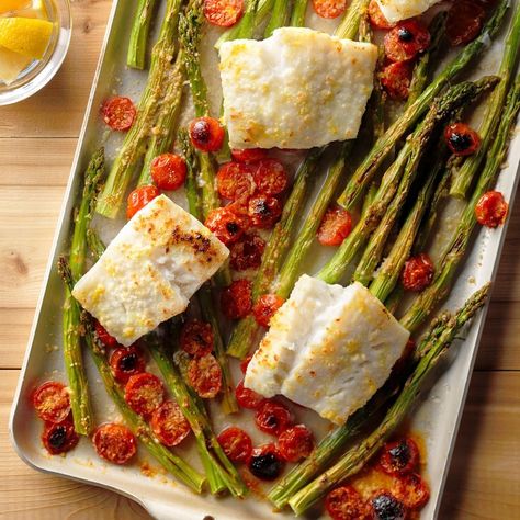 Cod and Asparagus Bake | Reader's Digest Cod And Asparagus, Asparagus Recipes Baked, Baked Asparagus, Baked Cod, Cod Recipes, Low Sodium Recipes, Seafood Dinner, Sheet Pan Dinners, Asparagus Recipe