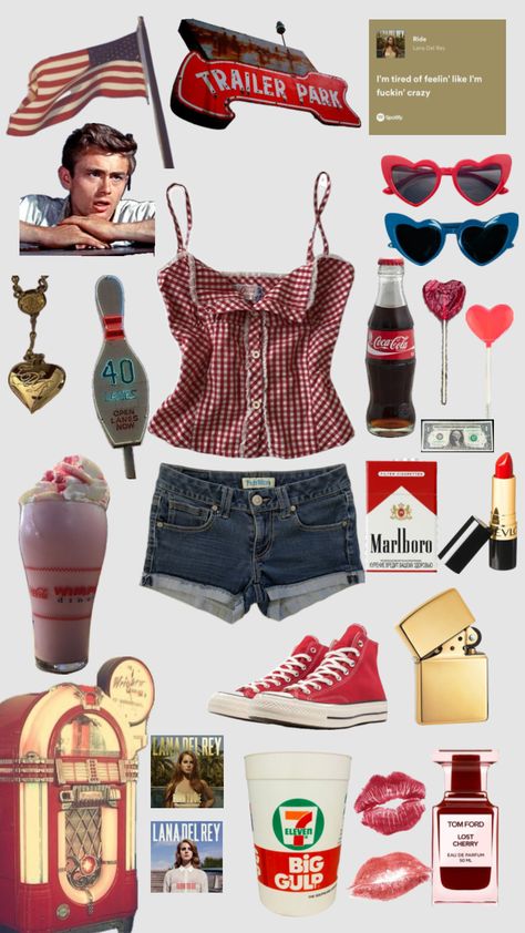 Americana outfit inspo #outfit #outfitideas #outfitinspiration #fitinspo #fit #summer #lanadelrey #americana #red #vintage #gold #lolitafashion #lolitainspired #heartshapedsunglasses #trailerparkprincess Vintage Americana Outfits, Americana Outfits, Vintage Americana Aesthetic, Long Skirt Jeans, Chunky Sweater Cardigan, Fit Summer, Heart Shaped Sunglasses, Vintage Americana, Inspo Outfit