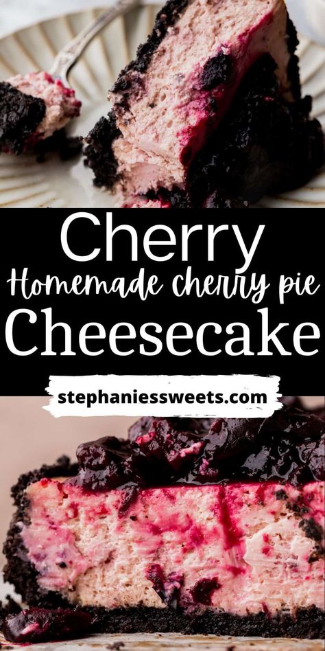 This cherry cheesecake is a baked cheesecake with an Oreo crust and has a creamy cheesecake with some of the cherry pie topping in the batter! It is also topped with cherry pie! Pie Topping, Cherry Cheesecake Recipe, Homemade Cherry Pies, Baked Cheesecake, Oreo Crust, Cherry Cheesecake, Cherry Recipes, Fruity Desserts, Creamy Cheesecake