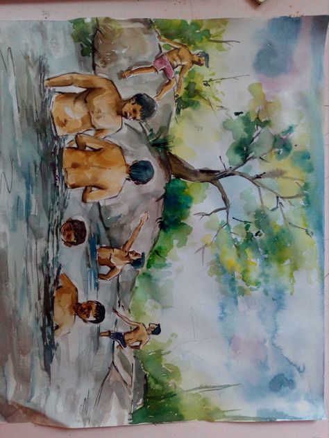 Watercolor Scenery Painting, Figure Composition, Firefly Painting, Village Scene Drawing, Watercolor Indian, Memory Drawing, Watercolor Scenery, Composition Painting, Ram Image