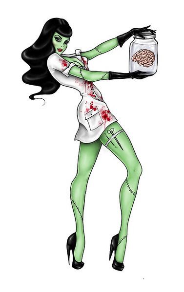 Zombie pinup Zombie Pin Up, Halloween Pin Up, Rockabilly Art, Horror Vintage, Zombie Art, Posca Art, Zombie Girl, Pin Up Tattoos, Bride Of Frankenstein