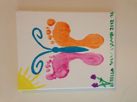 Foot Print Butterfly on Canvas Footprint Crafts, Spring Crafts For Kids, Foot Print, Handprint Crafts, Daycare Crafts, Butterfly Crafts, Toddler Art, Easter Crafts For Kids, Child Care